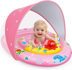 Baby Pool Float with Canopy UPF50+ Sun Protection, Inflatable Kids Pool Floats with Ocean Animal Toys for Baby 6-36 Months