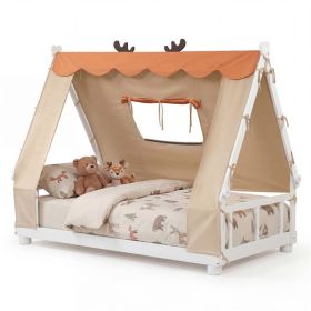 Twin Size Montessori House Floor Bed with Removable Canopy Tent, Solid Wood Kids Bed with Guardrails - White
