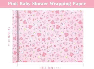 Pink Baby Shower Wrapping Paper - Mini Roll - 17 Inch x 16.5 Feet - Baby Girl Pink Wrapping Paper with Snapsuit and Bottle Design for Gender Reve
