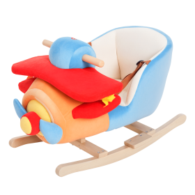 Kids Rocking Horse, Wooden Plush Ride-on Plane Chair Toy with Lullby Song and Seat Belt for 18 Month +